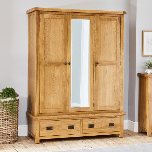 Hereford Rustic Oak 3 Door Triple Wardrobe With Mirror | The Furniture  Market Pertaining To 3 Door Pine Wardrobes (View 13 of 15)