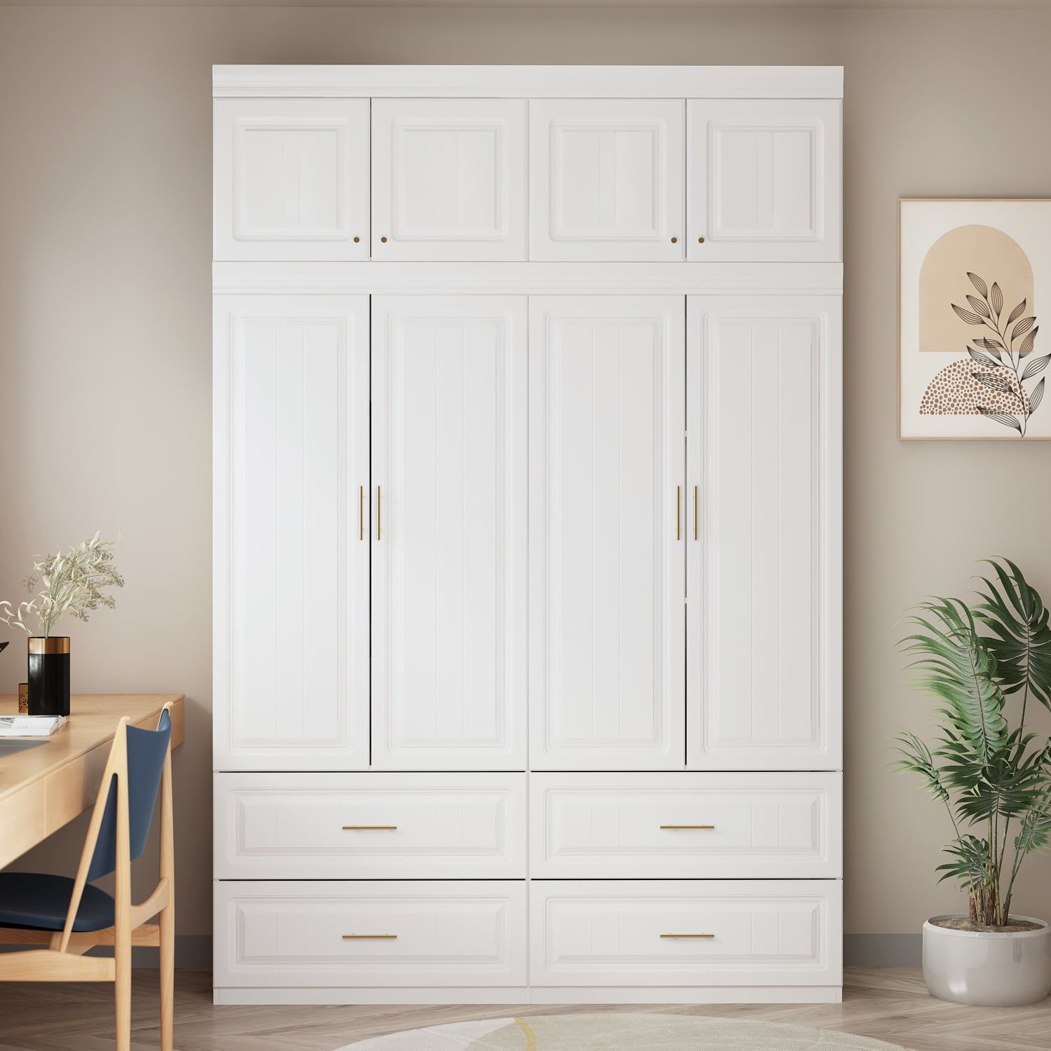 Hitow 4 Door Wardrobe Armoire With Hutch, Shelves And Drawers,white Closet  Storage Cabinet With Clothing Rod For Bedroom,  (View 7 of 15)