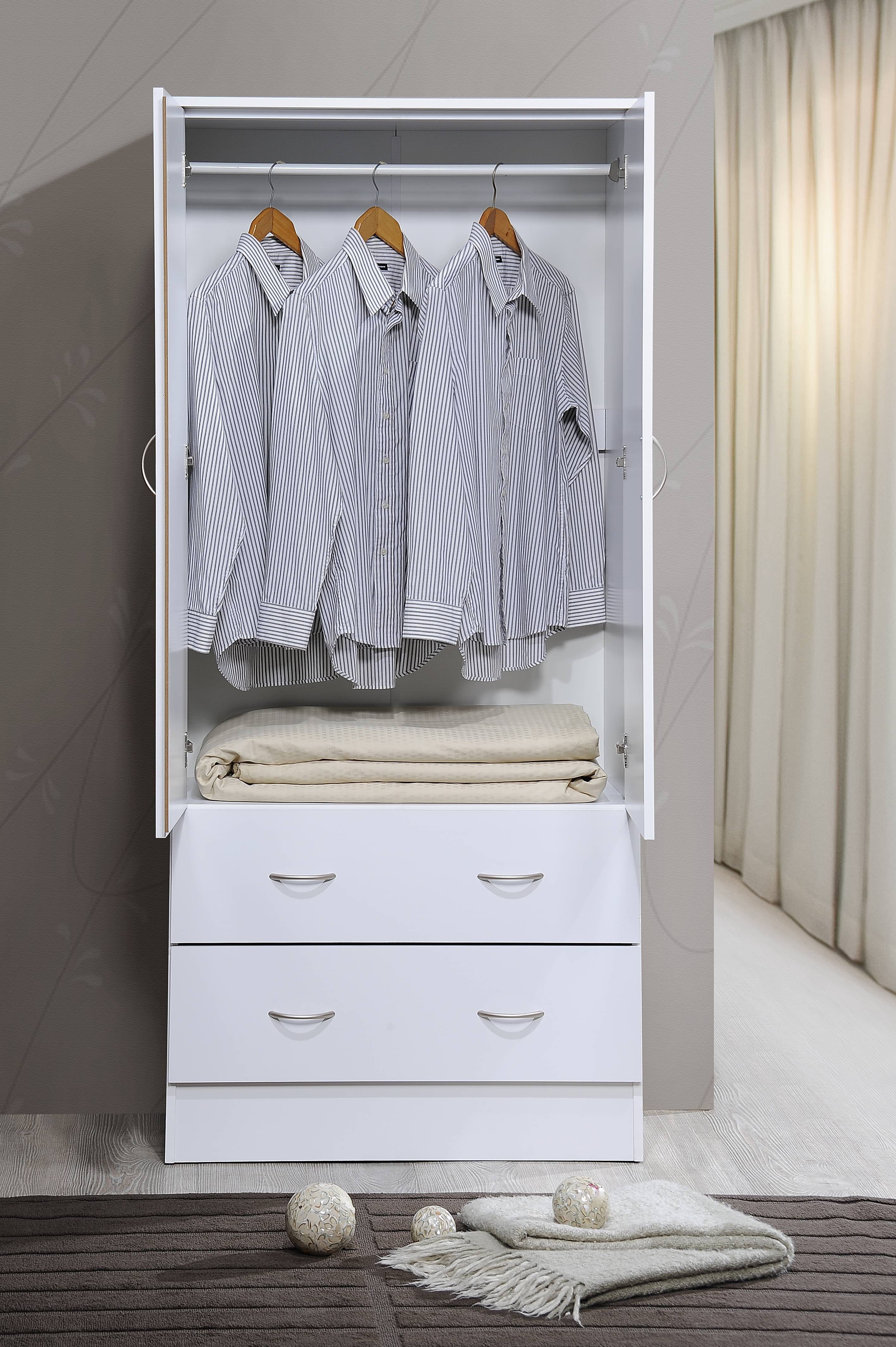 Hodedah Two Door Wardrobe With Two Drawers And Hanging Rod, White –  Walmart Inside Wardrobes With Two Drawers (Photo 11 of 15)
