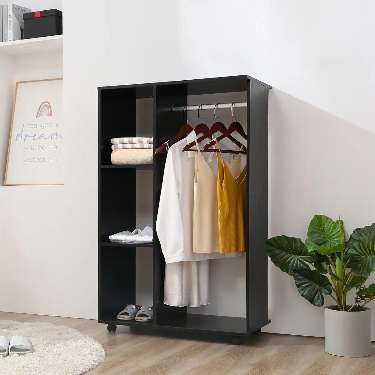 Homcom Rolling Open Wardrobe Hanging Rail Storage Shelves For Clothes, Black  5056029884355 | Ebay Inside Double Black Covered Tidy Rail Wardrobes (Photo 3 of 15)