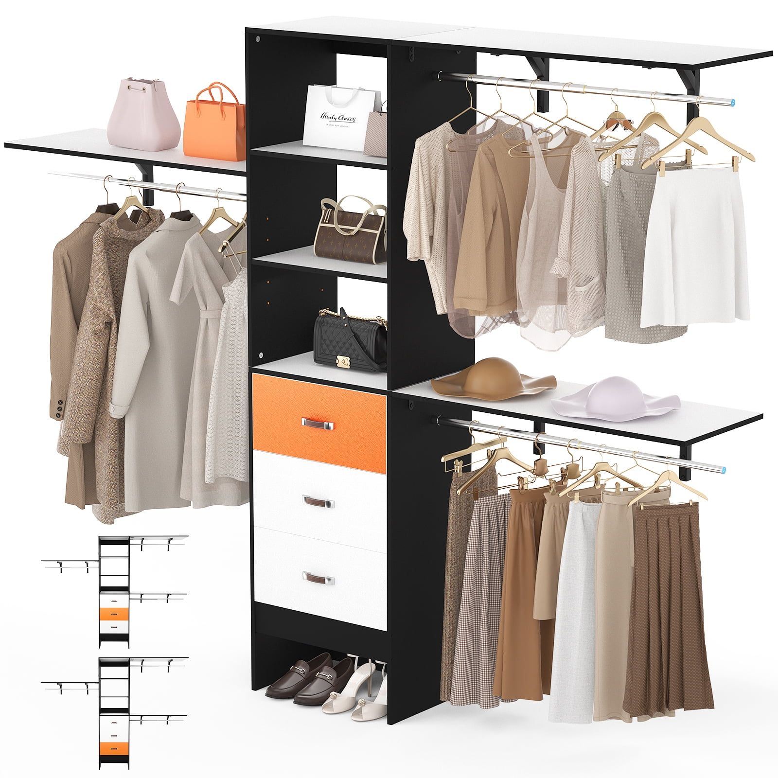 Homieasy 96 Inches Closet System, 8ft Walk In Closet Organizer With 3  Shelving Towers, Heavy Duty Clothes Rack With 3 Drawers, Built In Garment  Rack, 96" L X 16" W X 75" H, Pertaining To Wardrobes With 3 Shelving Towers (View 4 of 15)