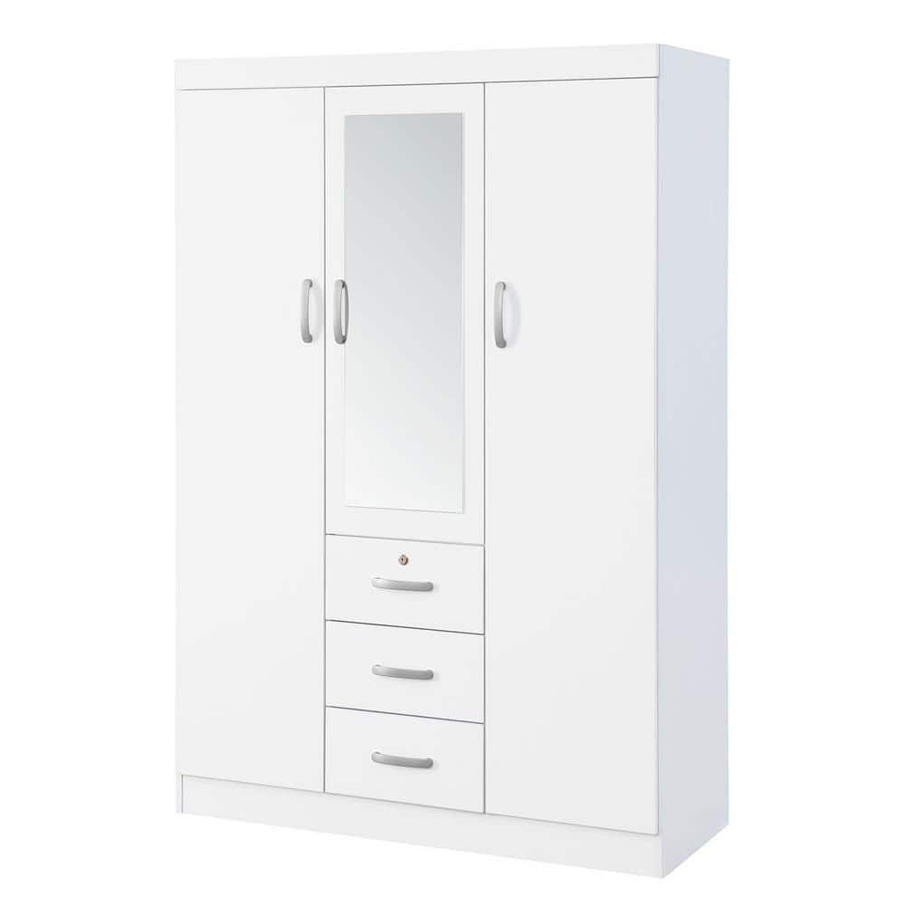 Homy Casa Porkliver White Wood 19 In. Square Mirror Wardrobe With Drawer  Porkliver Wardrobe Square Mirror – The Home Depot Regarding White Wardrobes With Drawers And Mirror (Photo 6 of 15)