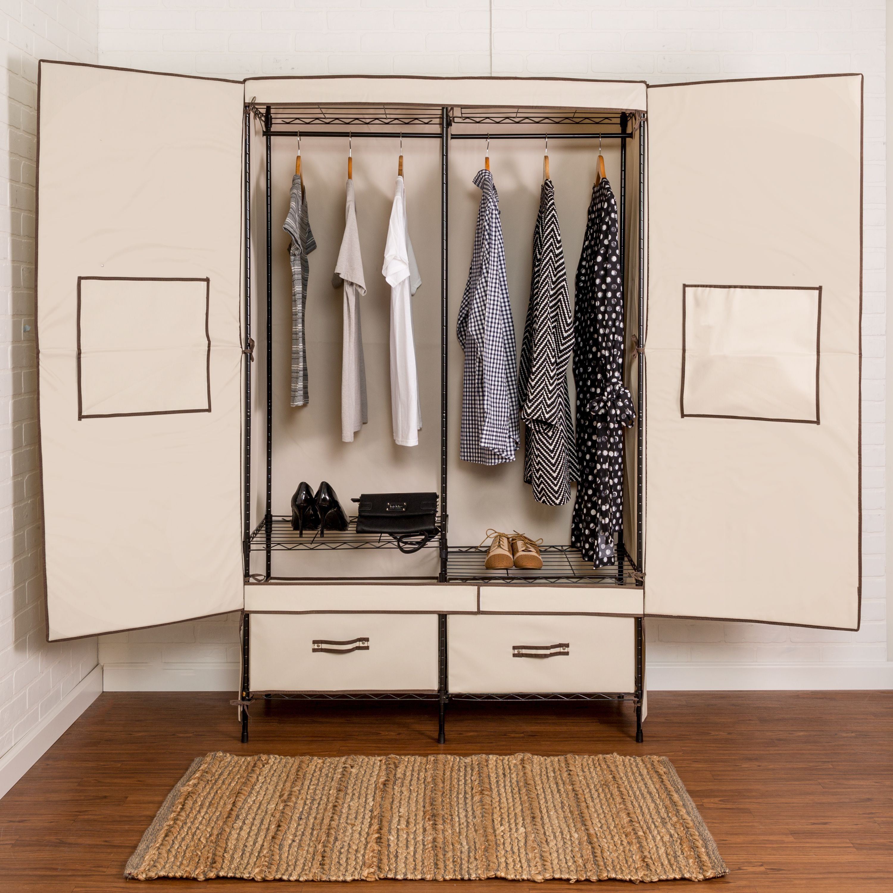 Honey Can Do 43"w 2 Door W/drawers Wardrobe, Beige – Walmart Pertaining To Double Canvas Wardrobes (View 11 of 15)
