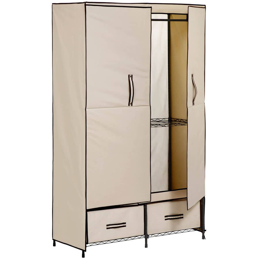 Honey Can Do 43"w 2 Door W/drawers Wardrobe, Beige – Walmart Throughout Double Canvas Wardrobes (View 14 of 15)
