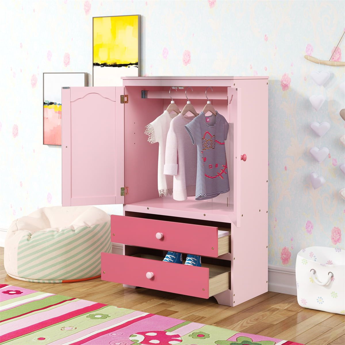 Inclake Pine Wood Kids Play Wardrobe With 2 Doors And 2 Drawers, Children  Dress Up Storage Side Cabinet Clothes Hanging Closet With A Clothes Rail  And A Adjustable Shelf, Pink – Walmart Regarding Kids Pine Wardrobes (Photo 10 of 15)