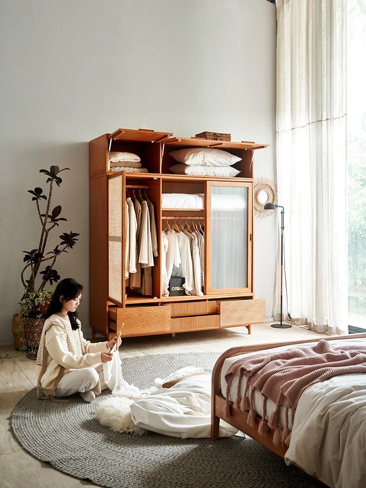 Japanese Style Solid Wood Wardrobe, Bedroom, Household Large Capacity  Storage Cabinet, Minimalist Modern Log Glass Wardrobe – Aliexpress With Regard To Solid Wood Wardrobes Closets (View 15 of 15)