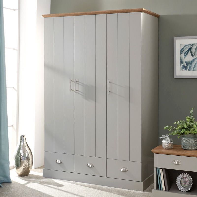 Kendal Tall Wardrobe Grey 3 Doors 1 Shelf 3 Drawers – Buy Online At Qd  Stores Inside Wardrobes With 3 Drawers (View 8 of 15)