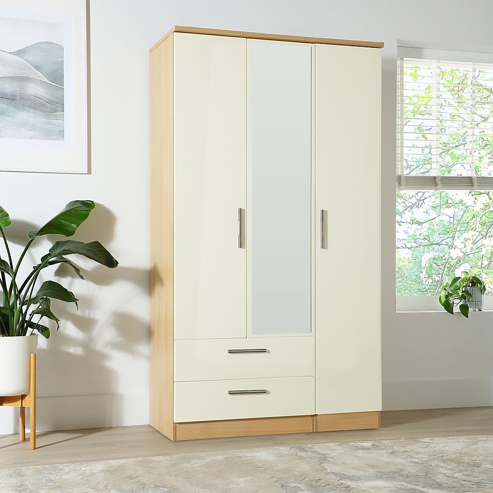 Knightsbridge Cream High Gloss And Oak 3 Door 2 Drawer Wardrobe With Mirror  | Furniture And Choice For Cream Gloss Wardrobes Doors (View 10 of 15)