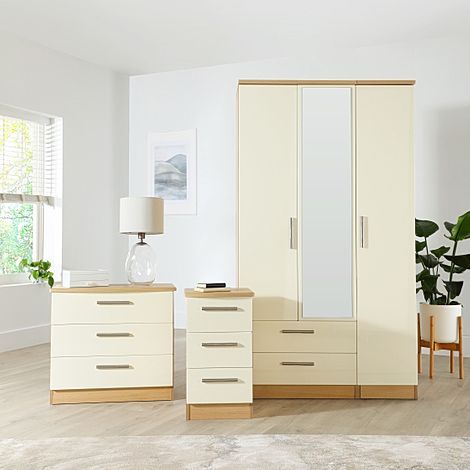 Knightsbridge Cream High Gloss And Oak 3 Piece 3 Door Wardrobe Bedroom  Furniture Set | Furniture And Choice Within Cream Gloss Wardrobes (View 7 of 15)
