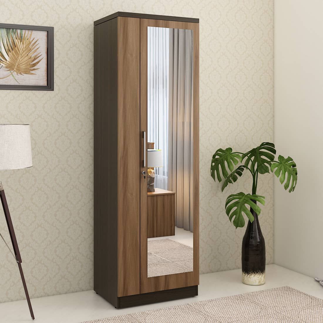 Kosmo Ken 1 Door Wardrobe With Mirror Walnut Bronze Woodpore | Spacewood  Ecommerce For Single Wardrobes With Mirror (Photo 2 of 15)