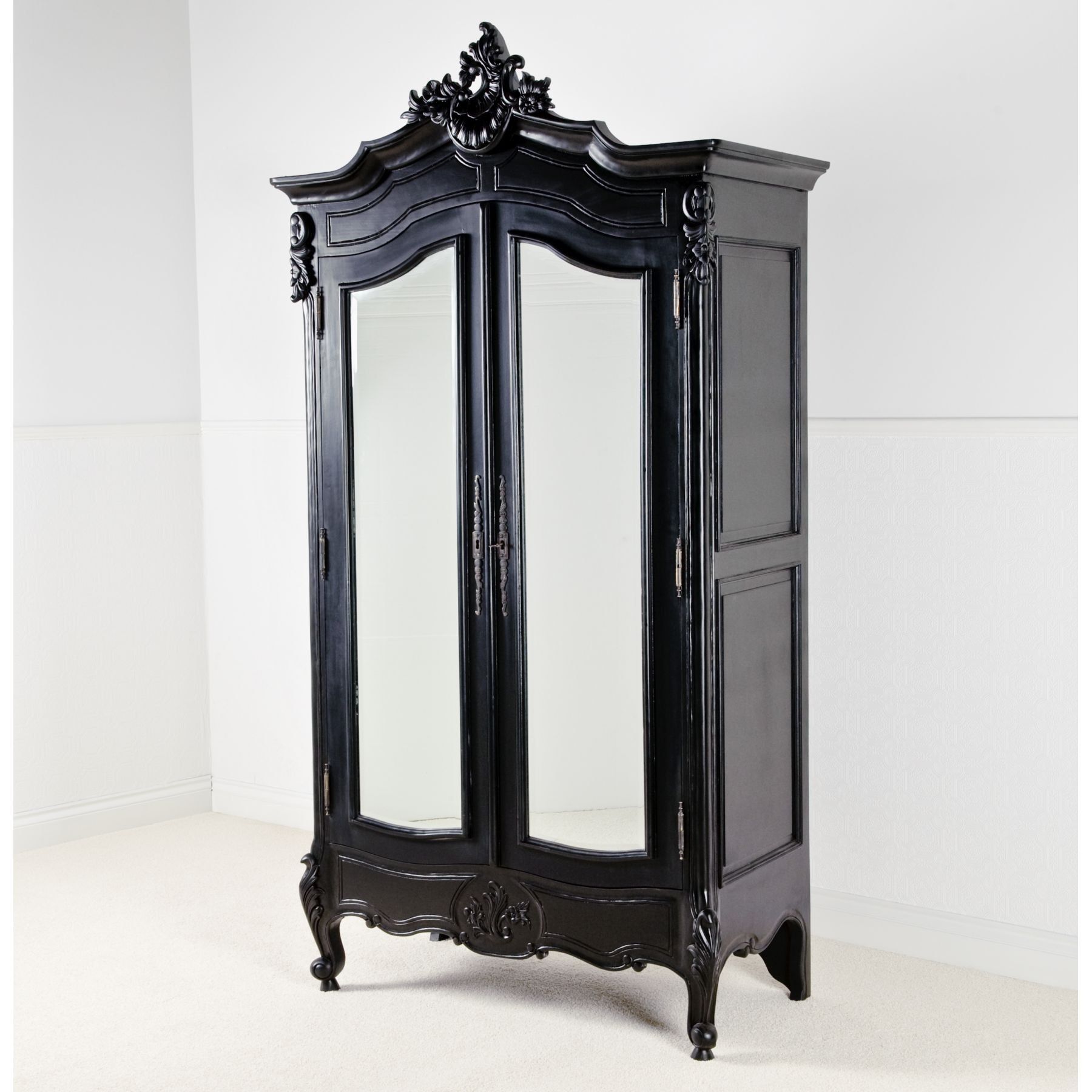 La Rochelle Black Antique French Bed (size: King) + La Rochelle Black  Antique French Bedside + Inside Black French Style Wardrobes (View 15 of 15)