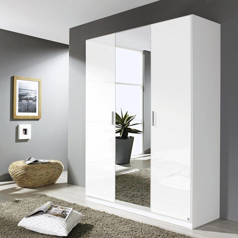 Laguna 3 Door 1 Mirror Hinged Wardrobe High Polish White – Glasswells Throughout 1 Door Mirrored Wardrobes (Photo 10 of 15)