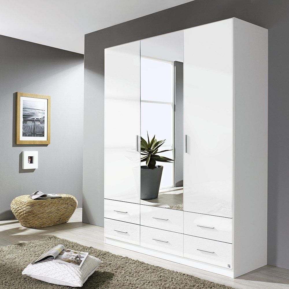 Laguna 3 Door 6 Drawer Mirrored Wardrobe High Polish White – Glasswells In Three Door Wardrobes With Mirror (Photo 14 of 15)