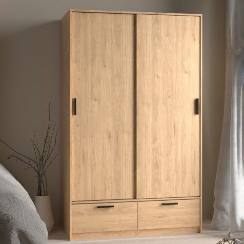 Large Tall Double Oak Wardrobe Sliding Doors 2 Drawers Hanging Rail On Onbuy Pertaining To Double Rail Oak Wardrobes (View 10 of 15)