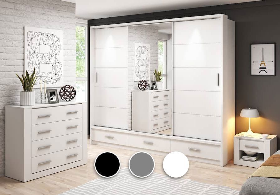 Lenart Bedroom Furniture Set White, Black, Grey | 3 Door – 250cm Wide Within Cheap White Wardrobes Sets (View 11 of 15)