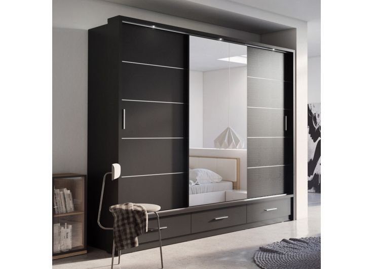 Lenox Sliding Mirrored Wardrobe With Drawers In Matt Black, Grey, White | 3  Door – 250cm Wide Intended For 4 Door Mirrored Wardrobes (View 14 of 15)