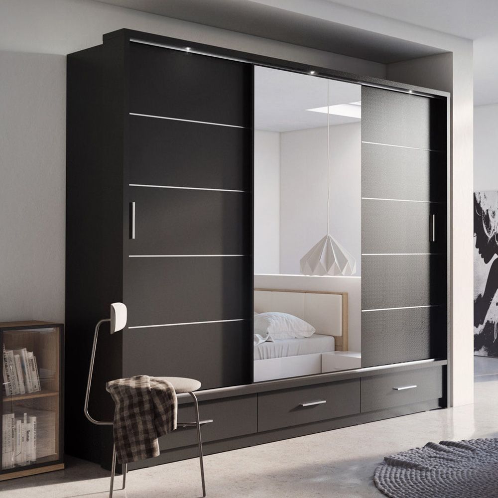 Lenox Sliding Mirrored Wardrobe With Drawers In Matt Black, Grey, White | 3  Door – 250cm Wide Pertaining To 3 Door Wardrobes With Drawers And Shelves (Photo 4 of 15)