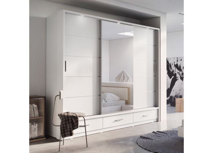 Lenox Sliding Mirrored Wardrobe With Drawers In Matt White | 3 Door – 250cm  Wide For Mirrored Wardrobes With Drawers (View 4 of 15)