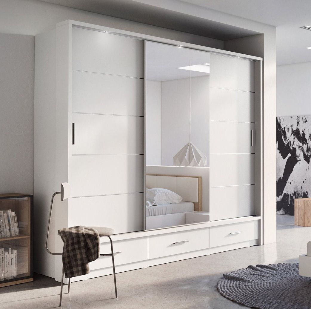 Lenox Sliding Mirrored Wardrobe With Drawers In Matt White | 3 Door – 250cm  Wide In White 3 Door Mirrored Wardrobes (View 4 of 15)