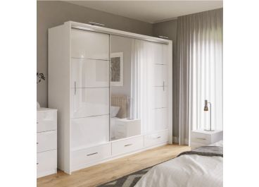 Lenox Sliding Wardrobe With Drawers White Gloss & Mirror 255cm For High Gloss Wardrobes (Photo 2 of 15)