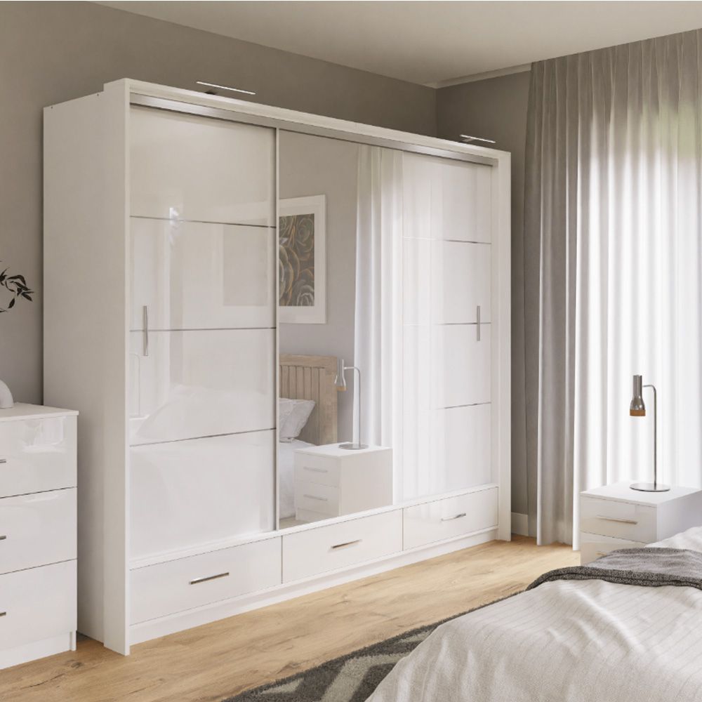 Lenox Sliding Wardrobe With Drawers White Gloss & Mirror 255cm Within Single Wardrobes With Drawers And Shelves (View 11 of 15)
