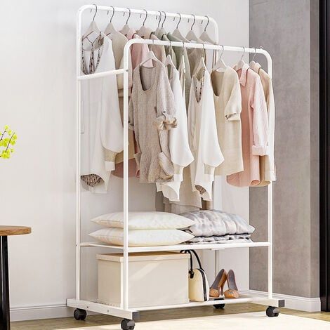 Livingandhome Rolling Clothes Rail Garment Rack Double Bar Clothing Shelf Pertaining To Double Clothes Rail Wardrobes (View 4 of 15)