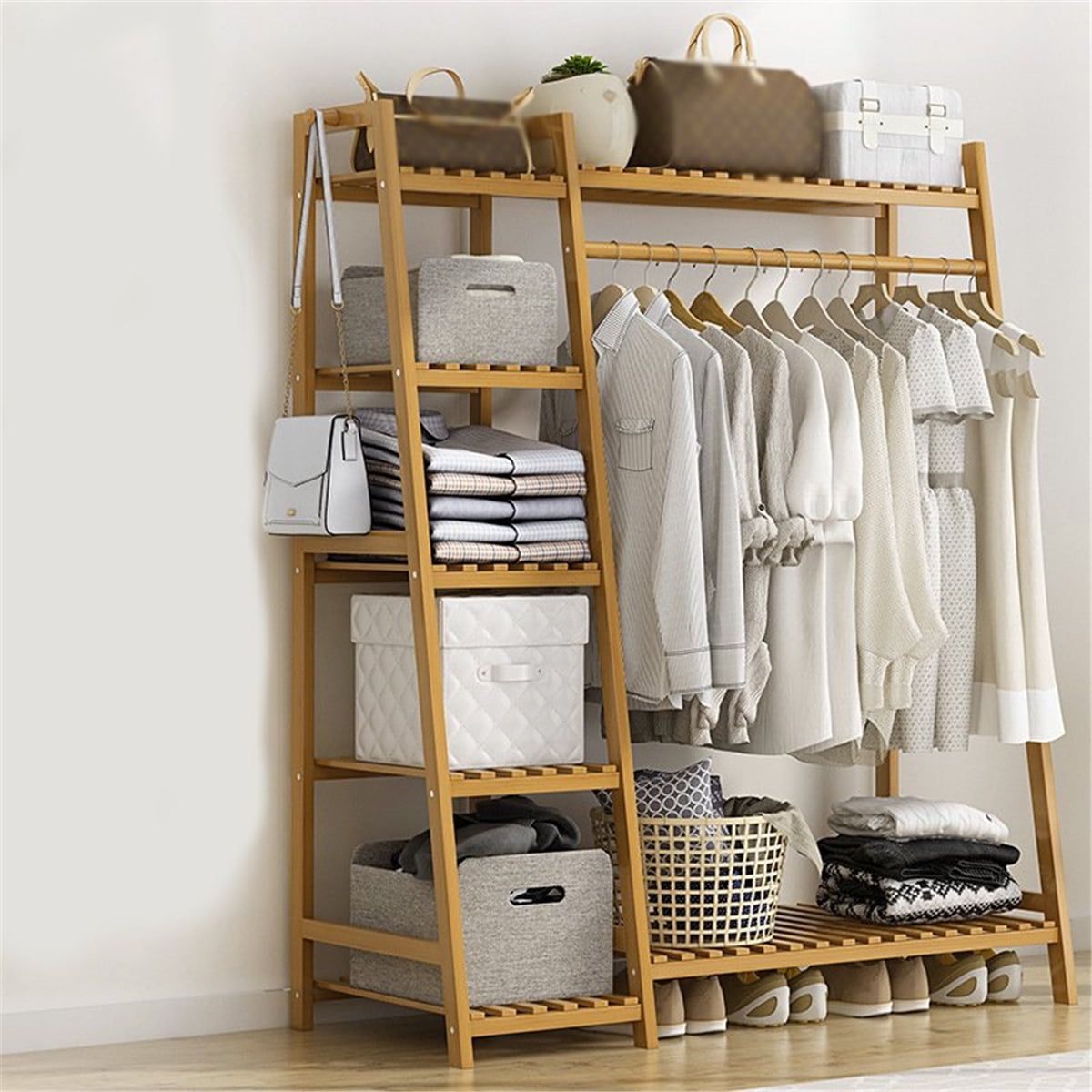 Lusimo Bamboo Clothing Garment Rack 43" Free Standing Clothes Rack With  5 Tier Storage Shelves Hanging Wardrobe Closet Heavy Duty Shelf Shoe Box  Holder For Apartment Bedroom Dressroom – Walmart Within Rail Clothes Storage Cupboard Wardrobes (View 2 of 15)