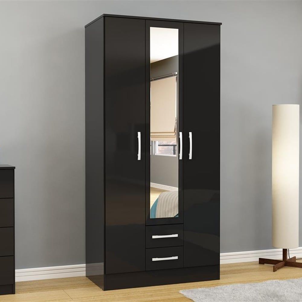 Lynx 3 Door Combination Mirrored Wardrobe Black | Happy Beds Throughout Black Wardrobes With Drawers (Photo 7 of 15)