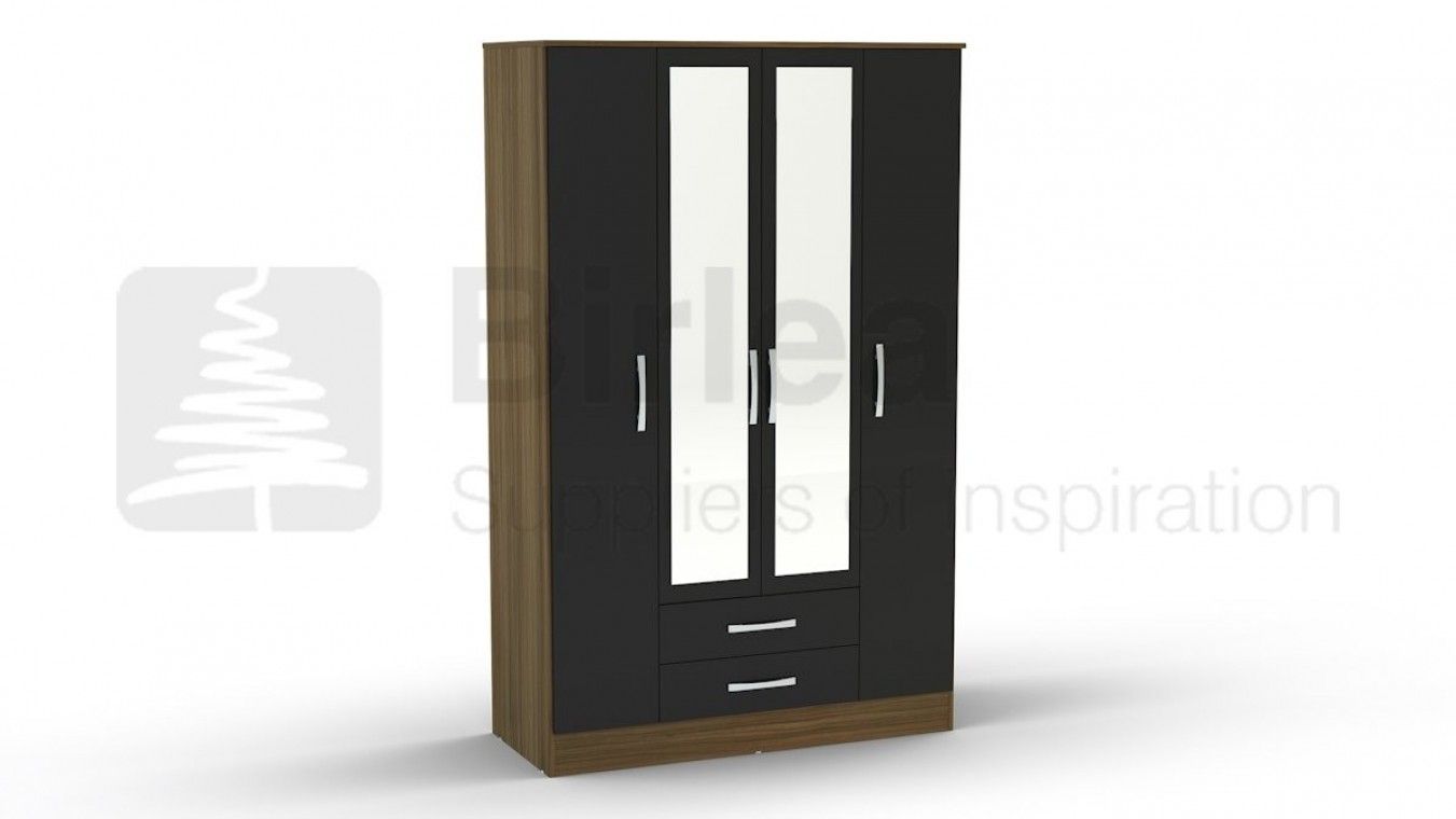 Lynx 4 Door 2 Drawer Wardrobe With Mirror Walnut And Black | Wardrobes At  Elephant Beds, Cardiff | Uk Bedroom Furniture Within Black Wardrobes With Drawers (View 13 of 15)