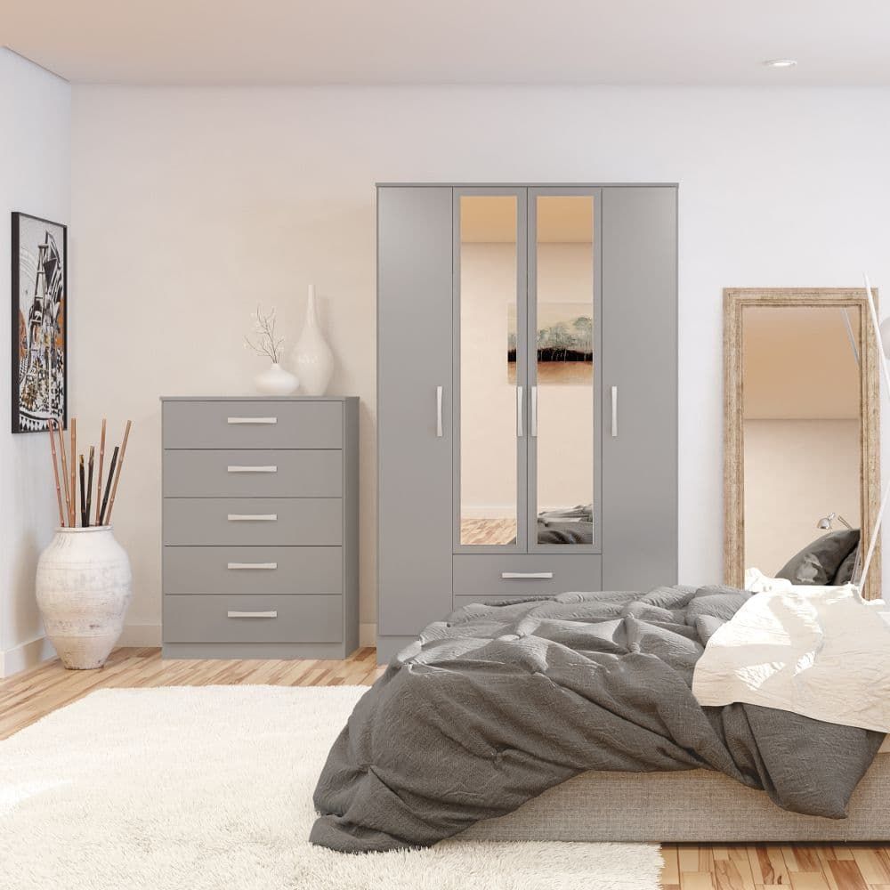 Lynx Grey 4 Door 2 Drawer Wardrobe With Mirror | Happy Beds Intended For 4 Door Wardrobes With Mirror And Drawers (View 15 of 15)