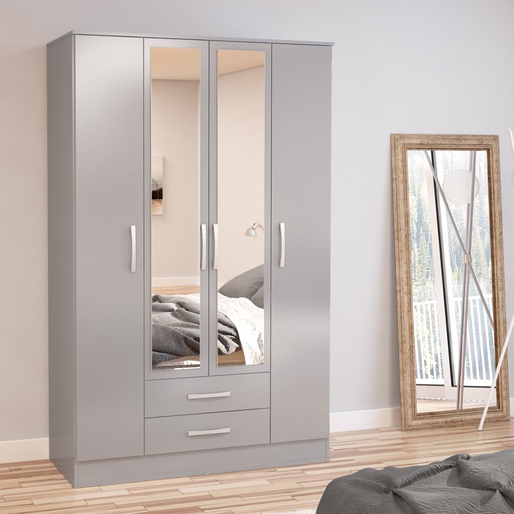 Lynx Grey 4 Door 2 Drawer Wardrobe With Mirror | Happy Beds Throughout Double Wardrobes With Mirror (Photo 9 of 15)