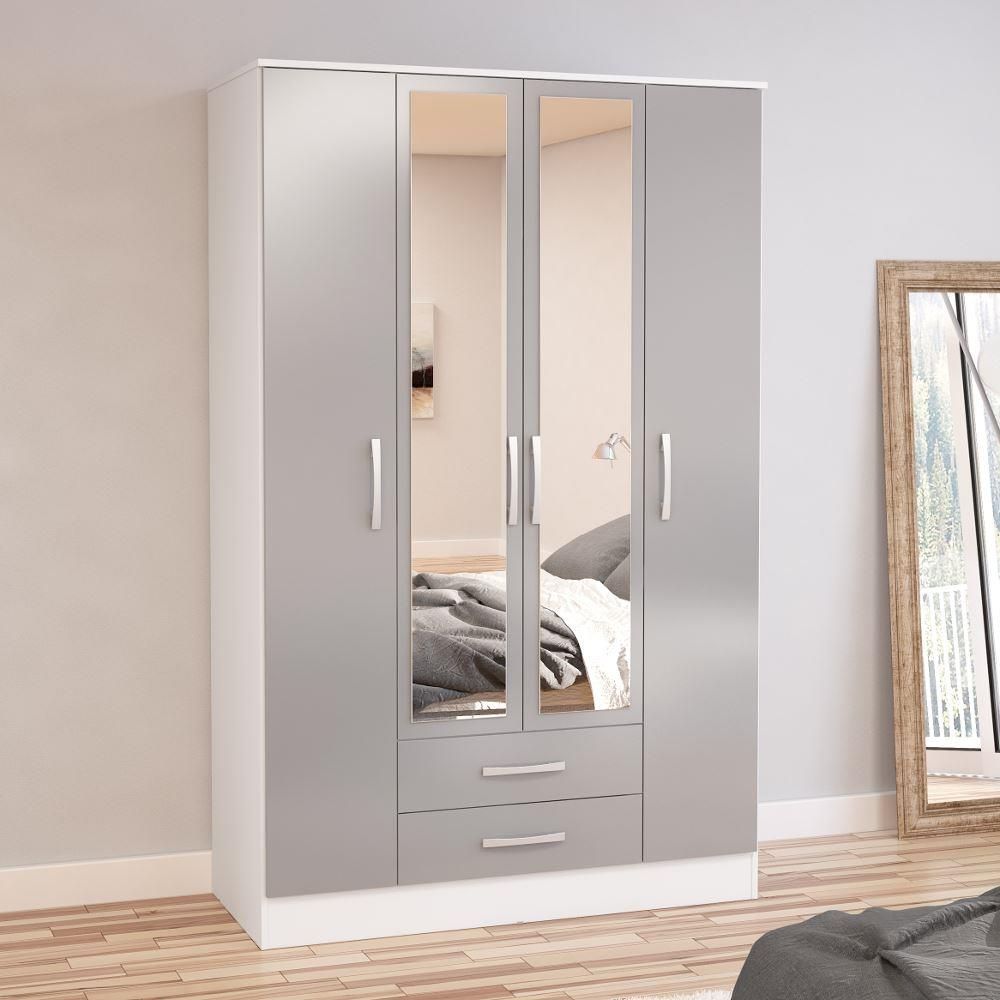 Lynx White/grey 4 Door 2 Drawer Wardrobe | Happy Beds Inside 4 Door Wardrobes With Mirror And Drawers (View 2 of 15)