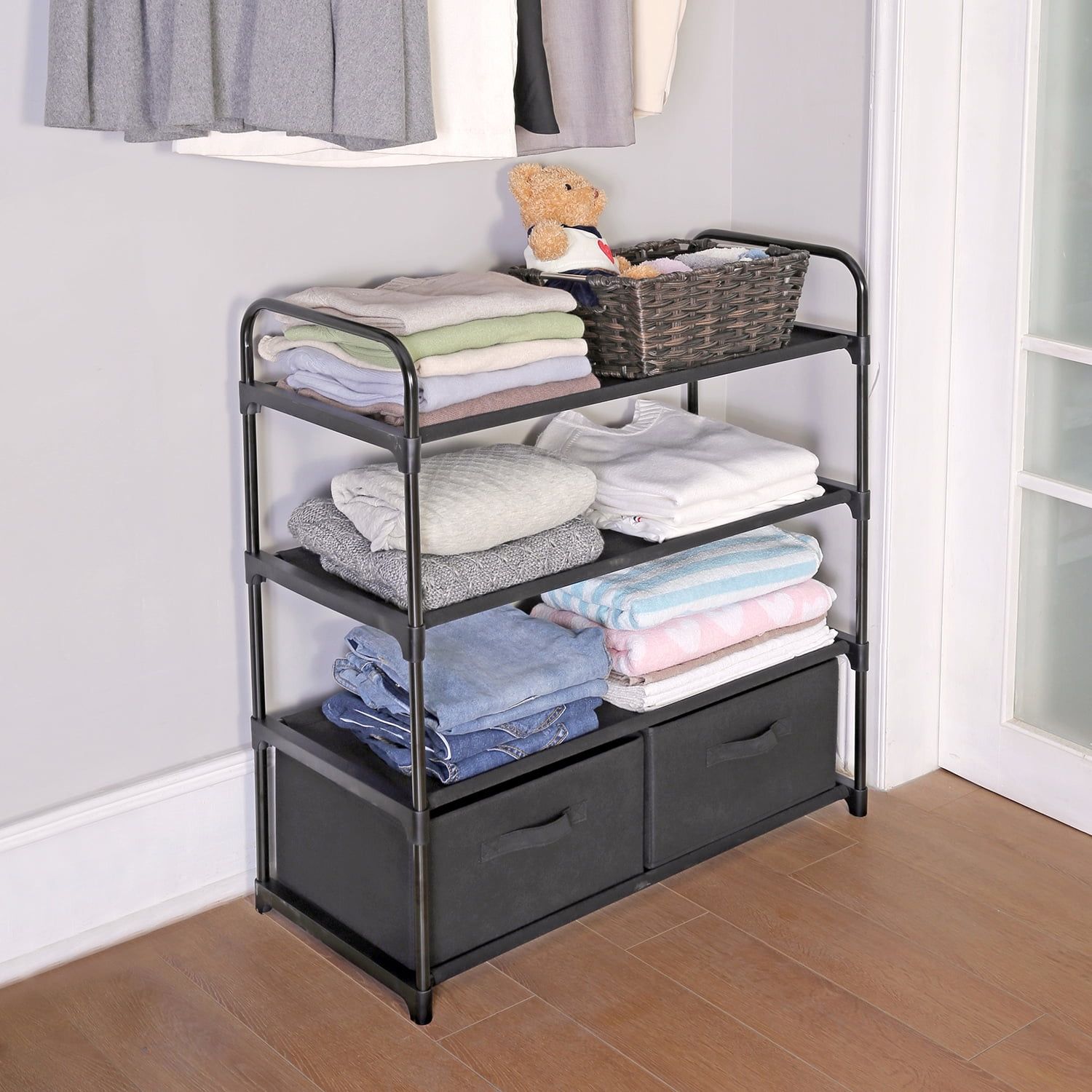 Mainstays 4 Shelf Home Closet Organizer With 2 Fabric Bins, Black –  Walmart Within Wardrobes With 2 Bins (Photo 1 of 15)