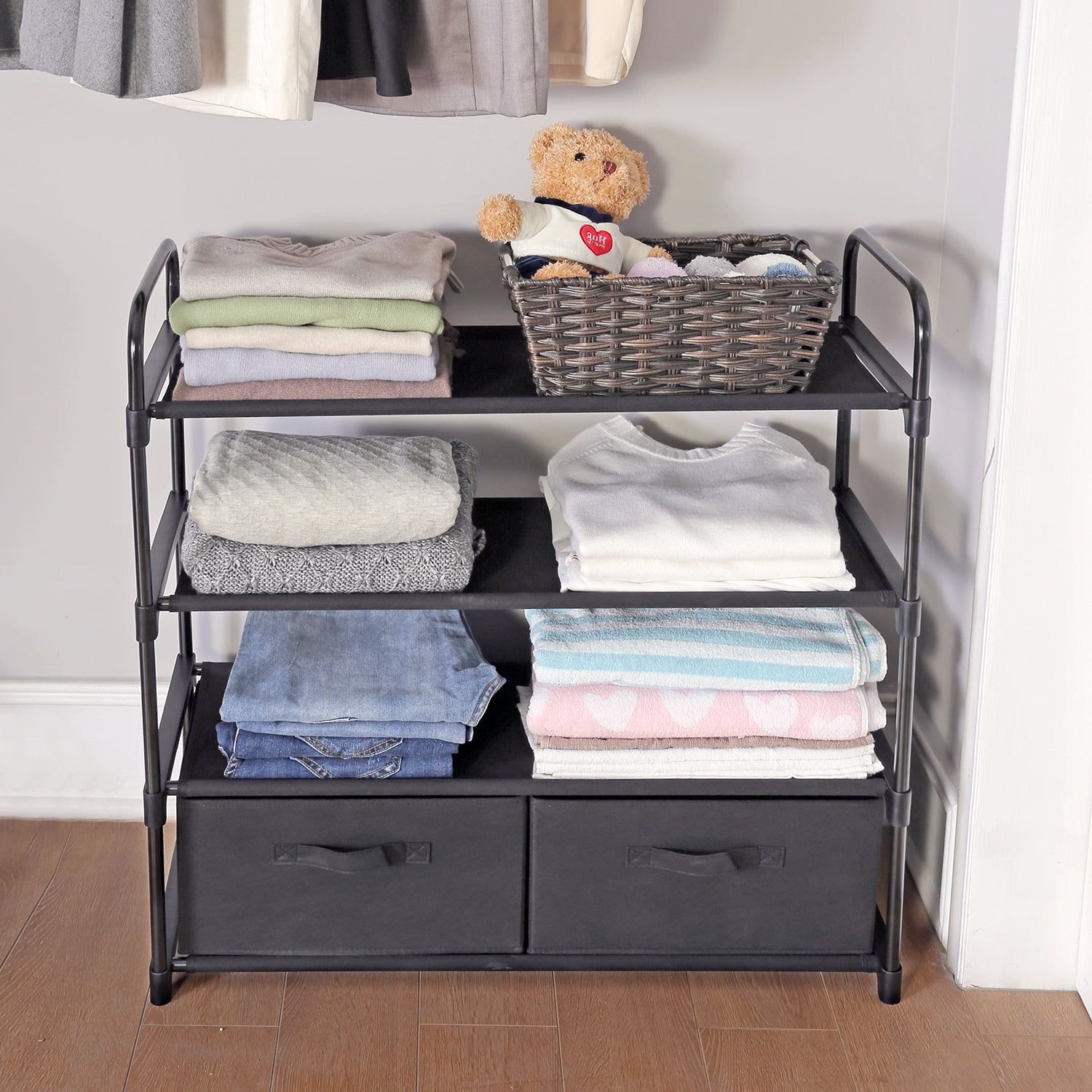 Mainstays 4 Shelf Home Closet Organizer With 2 Fabric Bins, Closet, Black,  Indoor, Adult And Child – Walmart For Wardrobes With 2 Bins (Photo 2 of 15)