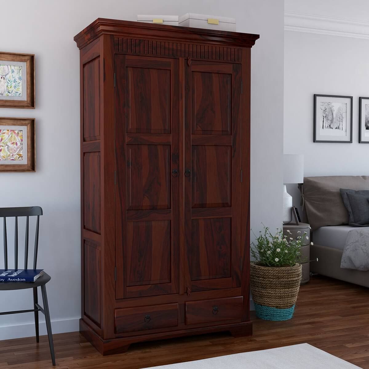 Marengo Rustic Solid Wood Large Wardrobe Armoire W Shelves And Drawers Intended For Solid Wood Wardrobes Closets (View 4 of 15)