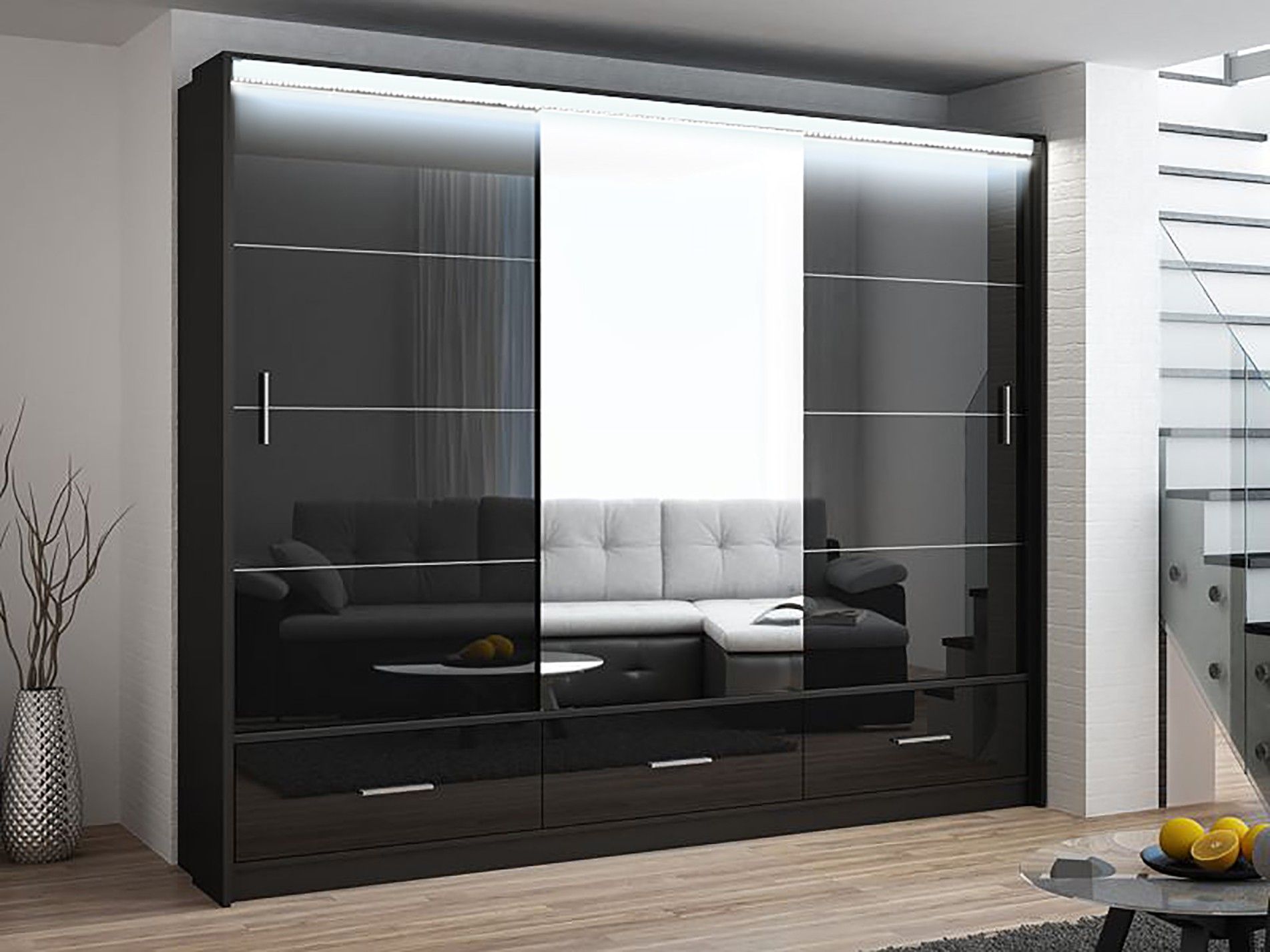Marsylia Wardrobe, Black Gloss + Mirror 255cm ,hull Furniture With Regard To Black Gloss Mirror Wardrobes (View 3 of 15)