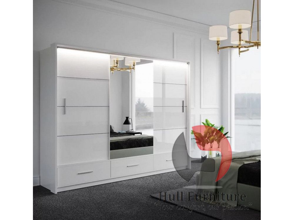 Marsylia Wardrobe, White Gloss + Mirror 255cm ,hull Furniture Pertaining To White Gloss Mirrored Wardrobes (View 7 of 15)