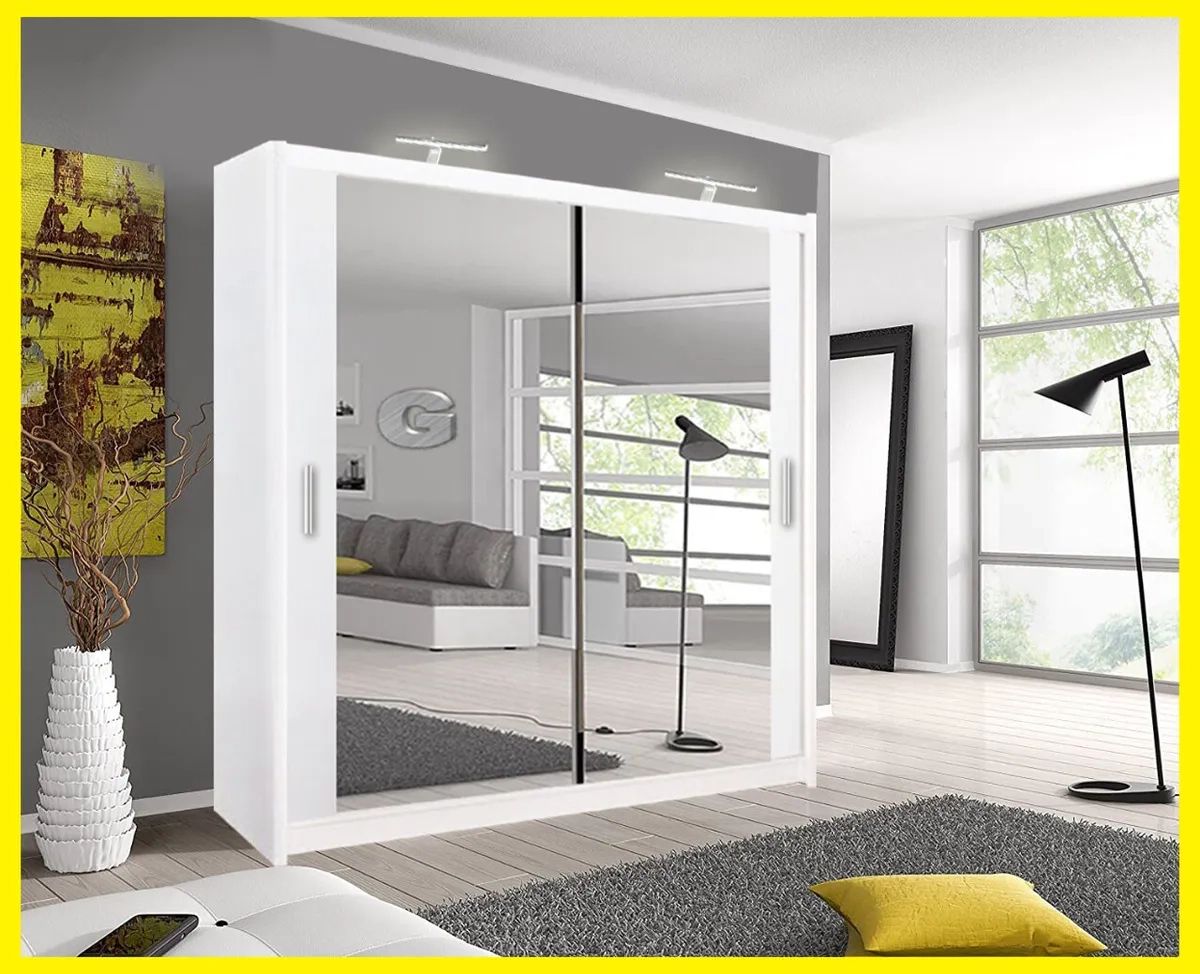 Milan 2 And 3 Door Mirror Sliding Door Wardrobe In White Color With Led  Light | Ebay Throughout Three Door Mirrored Wardrobes (View 10 of 15)