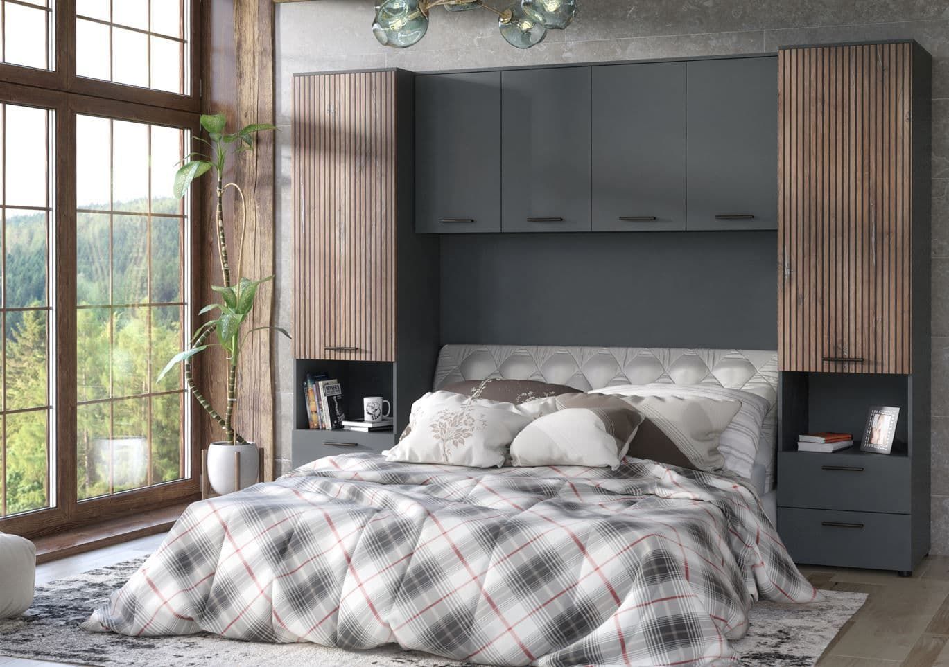 Milano Grey And Slated Oak Effect Overbed Storage Unit With Wardrobes Intended For Bedroom Wardrobes Storages (Photo 1 of 15)