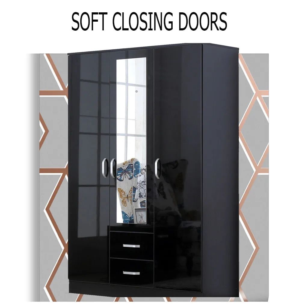 Mirror Xl Black High Gloss 3 Door Wardrobe With 2 Drawers And 1 Mirror |  Ebay Intended For Black Wardrobes With Mirror (Photo 7 of 15)