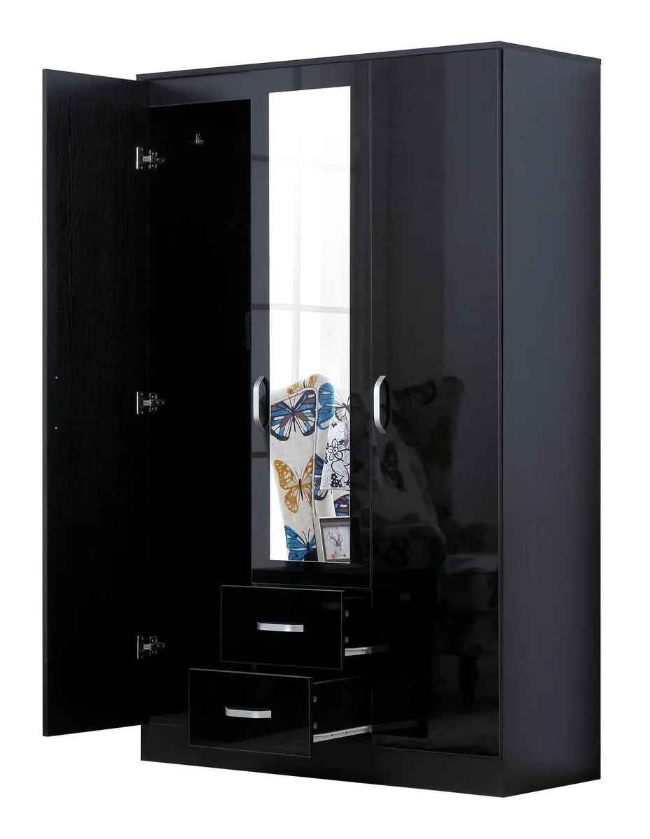 Mirror Xl Black High Gloss 3 Door Wardrobe With 2 Drawers And 1 Mirror |  Ebay Regarding Black Gloss Wardrobes (View 5 of 15)