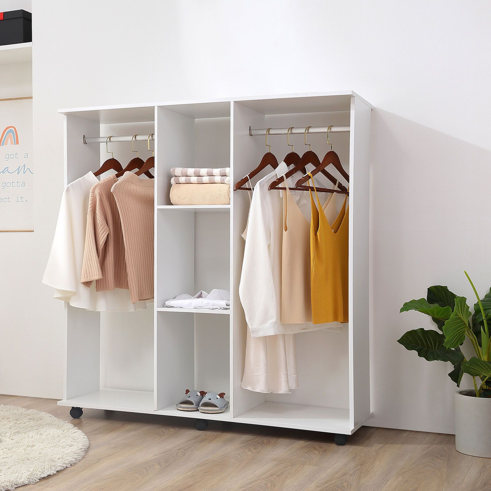 Mobile Open Wardrobe Storage Shelves Organiser W/6 Wheels Clothes Hanging  Rail | Ebay Intended For Hanging Wardrobes Shelves (Photo 14 of 15)