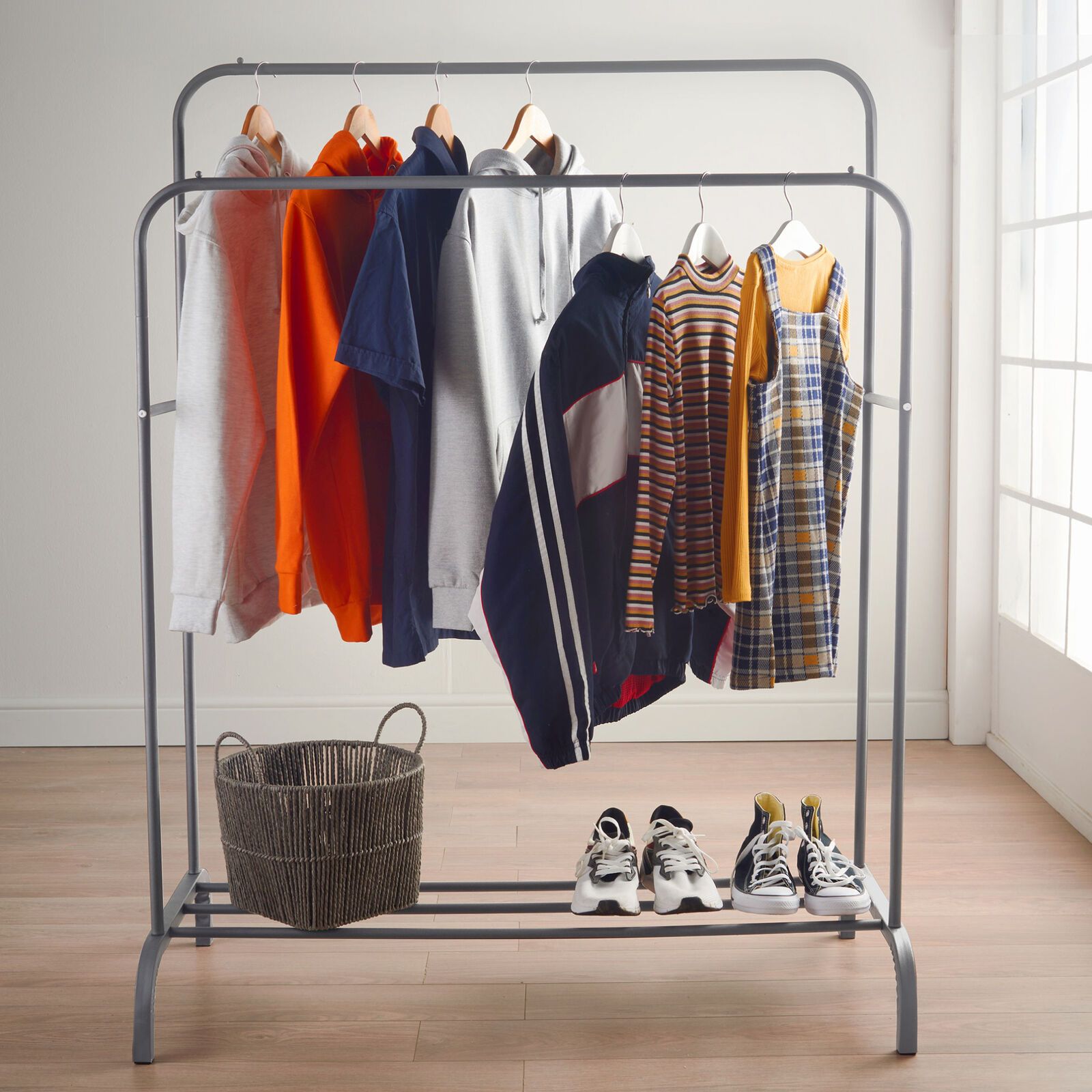 Moda Dual Clothing Rail Rack 110cm Heavy Duty Garment Hanging Grey Shoe  Storage | Ebay Throughout Double Clothes Rail Wardrobes (View 8 of 15)