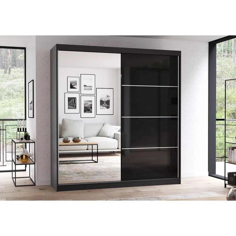 Modern Wardrobes Mu 31 Two Sliding Doors Black Shine And Mirror Free  Delivery | Ebay For 2 Sliding Door Wardrobes (Photo 1 of 18)