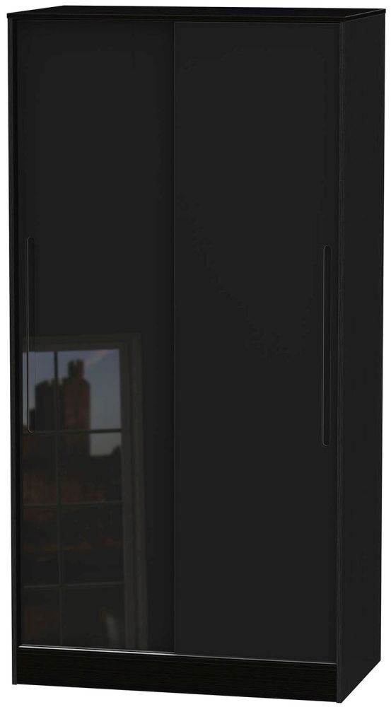 Monaco High Gloss Black 2 Door Sliding Wardrobe – Cfs Furniture Uk Throughout Black High Gloss Wardrobes (View 13 of 15)