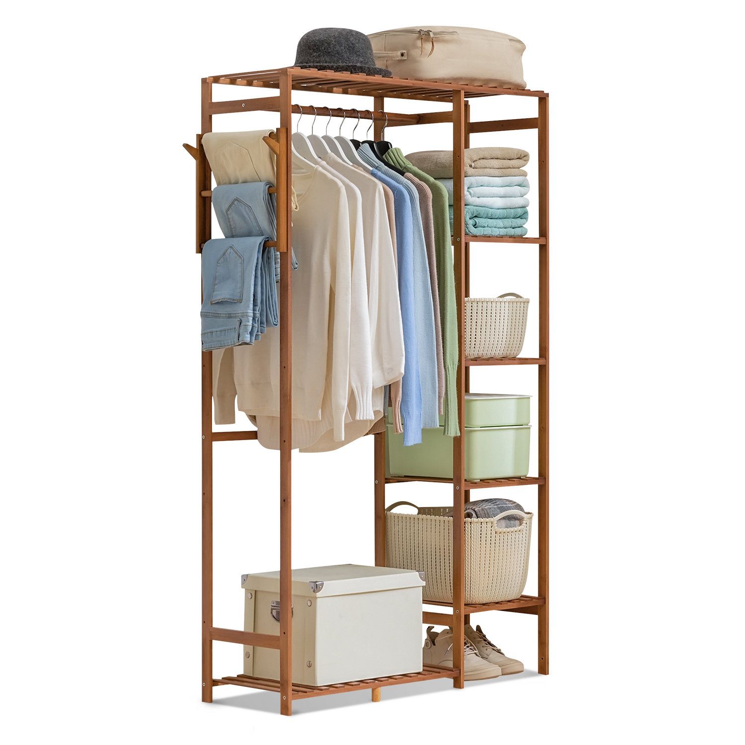 Monibloom 6 Tiers Coat Pants Rack Closet Wardrobe With Hanging Rod, Bamboo  Clothing Stand, For Living Room | Wayfair Throughout Built In Garment Rack Wardrobes (View 10 of 15)