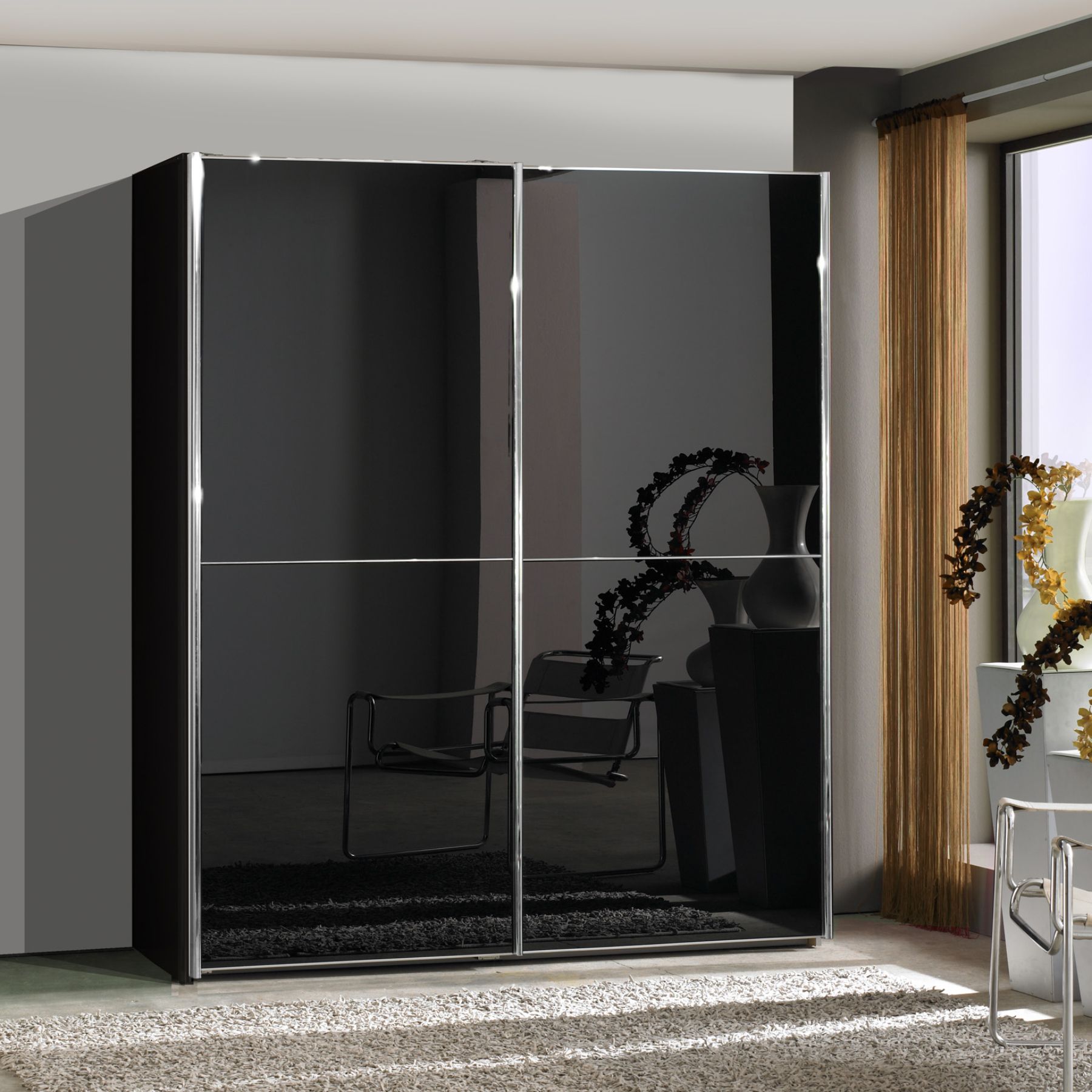 Monroe – Black Glass – 2 Door Sliding Wardrobe (4 Variable Sizes) –  Semi Fitted Wardrobes – Progressive Furnishings For Gloss Black Wardrobes (Photo 11 of 15)