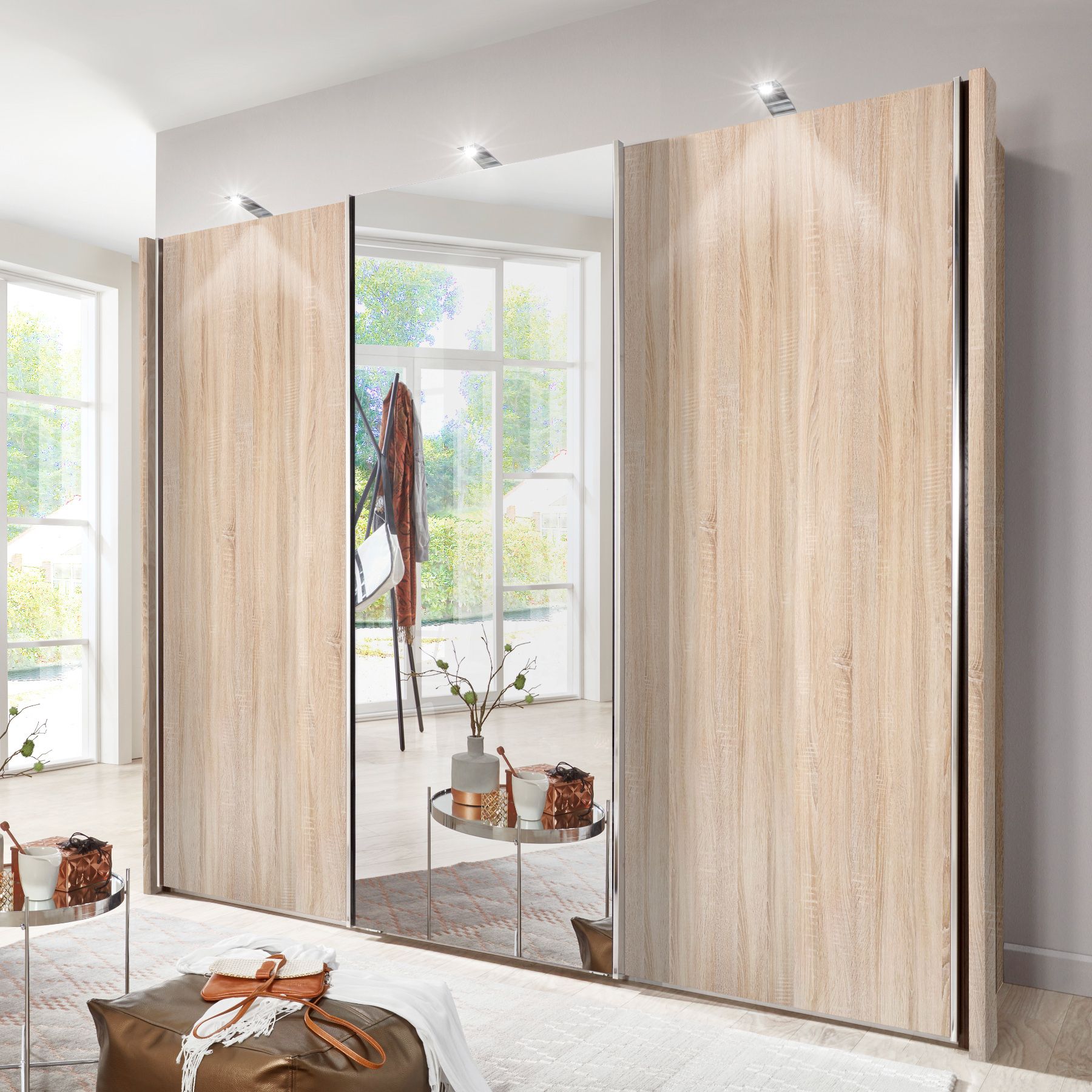 Monroe Plus – 2 Oak Doors & 1 Mirrored Door – 3 Door Sliding Wardrobe –  Semi Fitted Wardrobes – Progressive Furnishings Regarding 3 Door Mirrored Wardrobes (Photo 9 of 15)