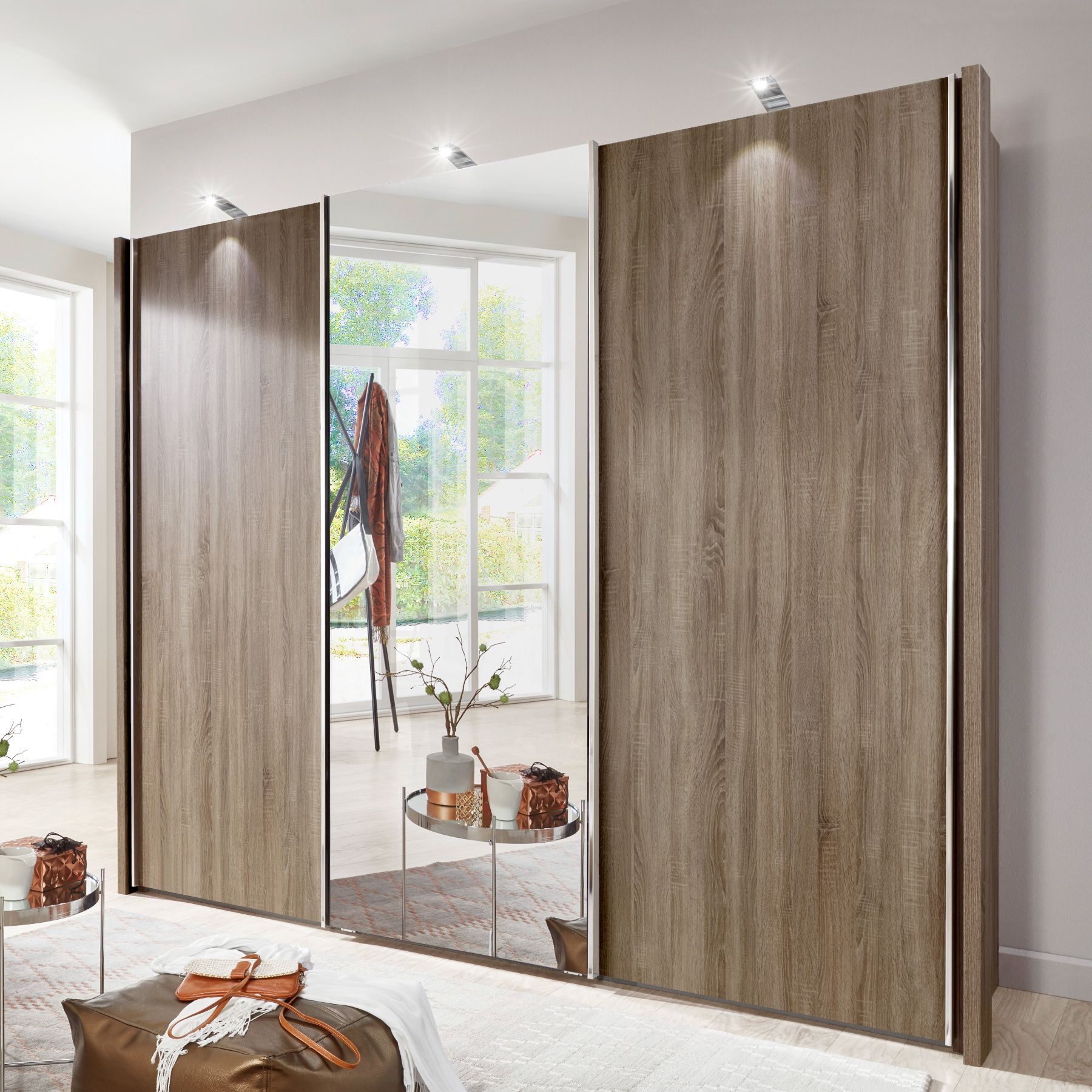 Monroe Plus – 2 Rustic Oak Doors & 1 Mirrored Door – 3 Door Sliding Wardrobe  – Semi Fitted Wardrobes – Progressive Furnishings Intended For Oak Wardrobes For Sale (View 14 of 15)
