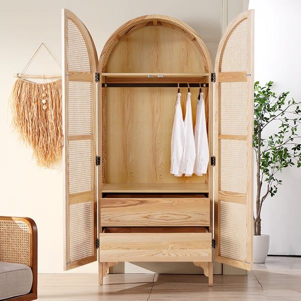 Natural Woven Rattan Bedroom Clothing Armoire With Hidden 2 Doors And  Drawers Wardrobe Homary Pertaining To Wicker Armoire Wardrobes (View 6 of 15)